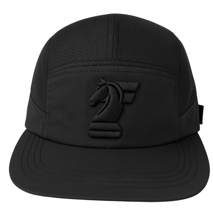 Black cap with a logo.