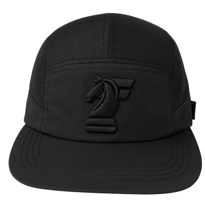 Black cap with a logo.