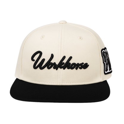 White cap with black 'Workhorse' logo on a white background