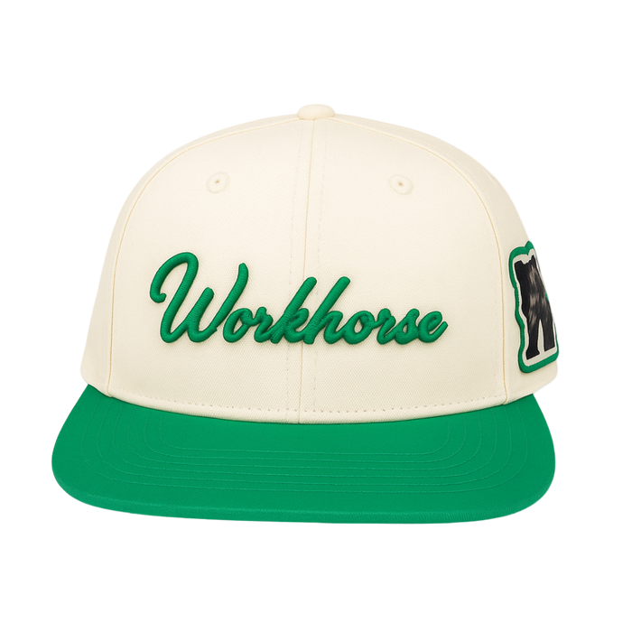 Cream and green cap with 'Workhorse' branding on a white background