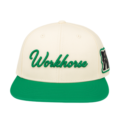 Cream and green cap with 'Workhorse' branding on a white background