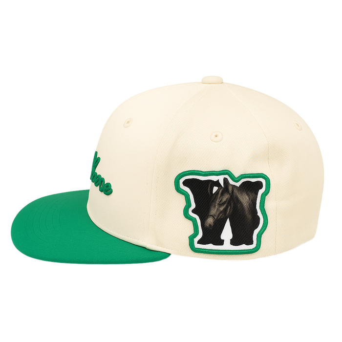Cap with green brim and white front featuring a black bear logo on a white background