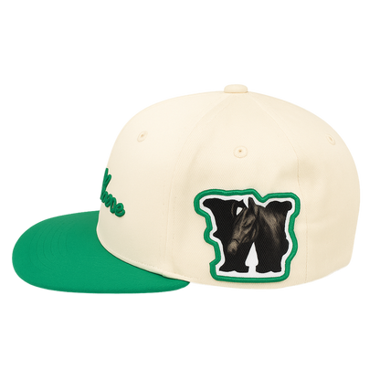 Cap with green brim and white front featuring a black bear logo on a white background