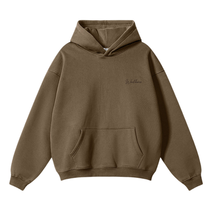 Brown hoodie with a brand logo on a white background