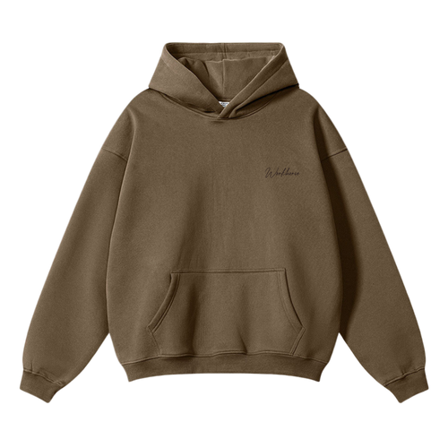 Brown hoodie with a brand logo on a white background