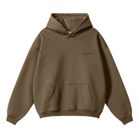 Brown hoodie with a brand logo on a white background
