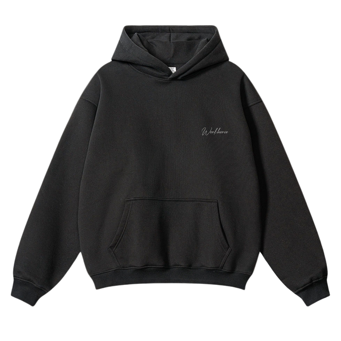 Black hoodie with a brand logo on a white background