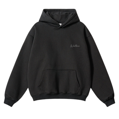 Black hoodie with a brand logo on a white background