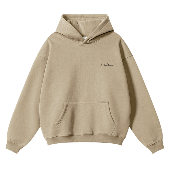 Sand hoodie with a brand logo on a white background