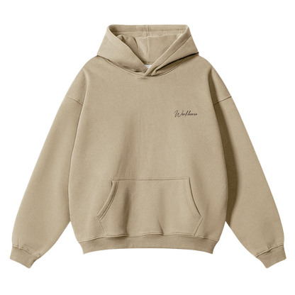 Sand hoodie with a brand logo on a white background