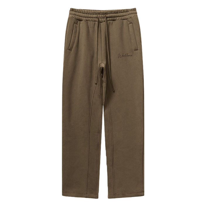 Brown sweatpants with a brand logo on a white background