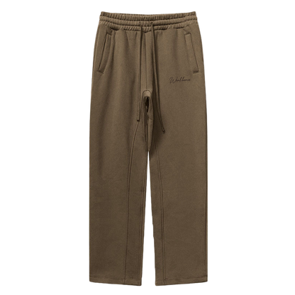 Brown sweatpants with a brand logo on a white background