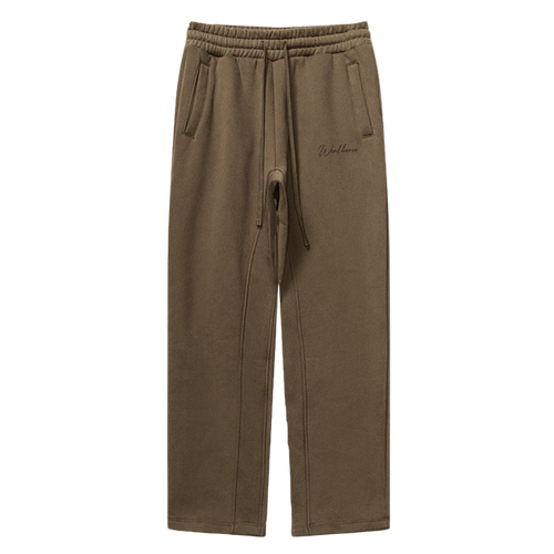 Brown sweatpants with a brand logo on a white background