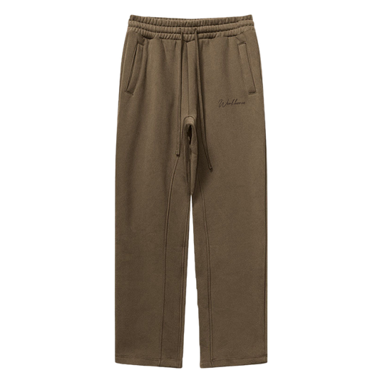 Brown sweatpants with a brand logo on a white background