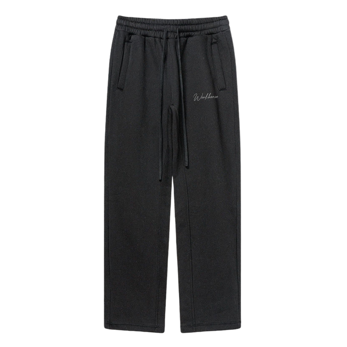 Black pants with a brand logo on a white background