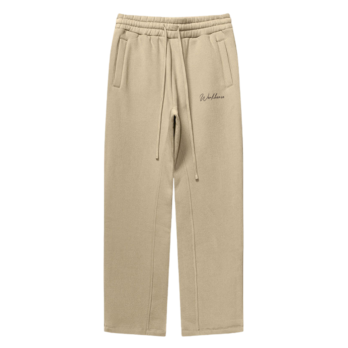 Sand sweatpants with a brand logo on a white background