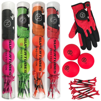 A set of colorful golf accessories including tubes with golf balls and tees and a pair of gloves are arranged on a flat surface suggesting preparation for a golf game.